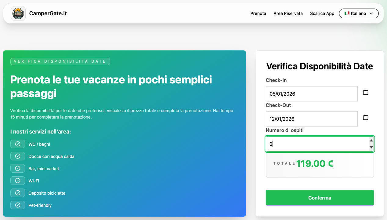 Dashboard CamperGate - Gestione completa area sosta camper